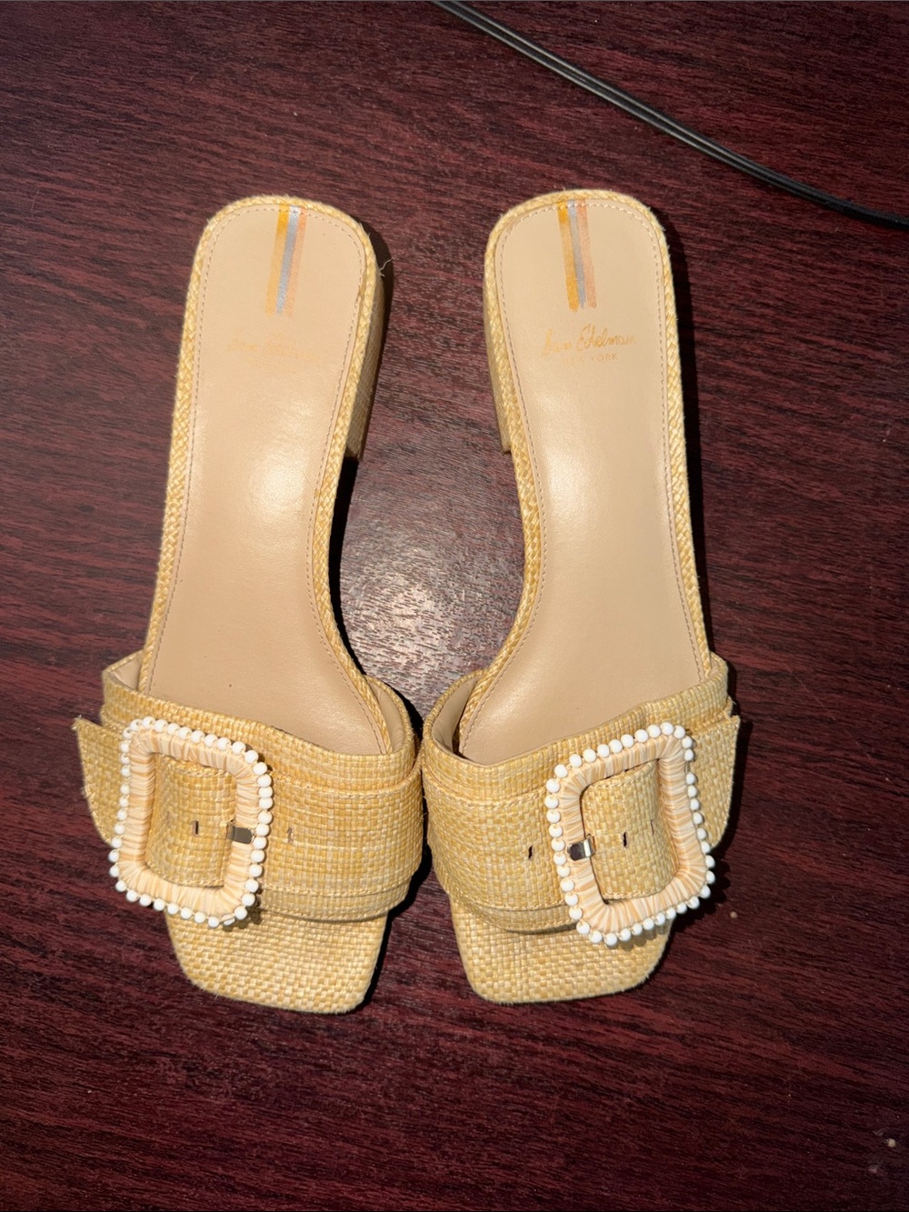 Sam Edelman Yellow Raffia Slide Sandals with Beaded Buckle